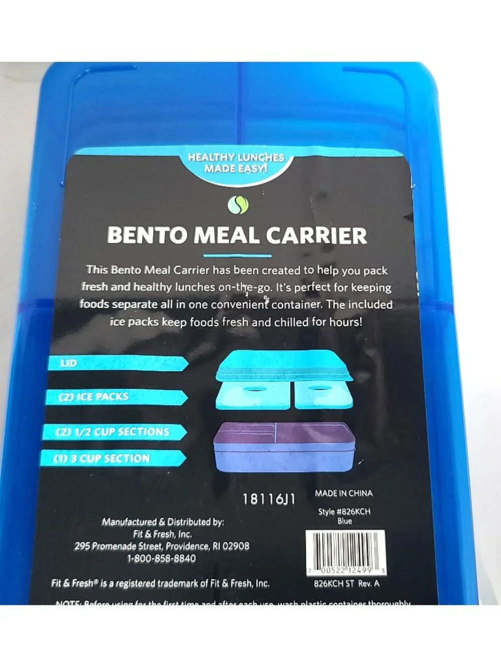 Fit & Fresh 4 Pc Bento Meal Carrier Blue 2 Snap In Ice Packs 3 Section w Lid NEW